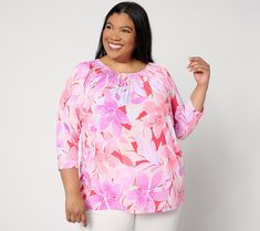 Add this pretty printed top to your summer wardrobe and enjoy the soft, flattering Liquid Knit® fabrication and fuller sweep at the hem for comfort and ease. From Susan Graver. Summer Floral Print Tops With 3/4 Sleeves, Floral Print Tops With 3/4 Sleeves For Vacation, Smocked Top, Susan Graver, Summer Wardrobe, Smocking, Sleeve Top, Top Blouse, Tops & Tees