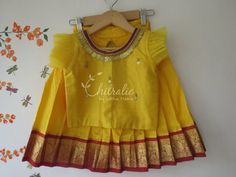 READY TO DISPATCHPlease Visit My Shop For More Unique Collectionhttps://www.etsy.com/shop/ChitralieStitched Kancheepuram Pattu pavadai with coin work blouse paired with light and ornated voni.This rich yellow Kancheepuram pattupavadai comes with a dash of sunshine for your little sunshine to wear on Navratri days...Chitralie launching new Navratri collection of traditional Voni pavadai.Beautiful yellow traditional Kancheepuram Pattupavadai with maroon boarder. Blouse is embellished with traditio Traditional Yellow Short Sleeve Sets, Yellow Short Sleeve Festive Set, Onam Dress For Kids, Onam Dress, Kids Lehenga Choli, Pattu Pavadai, Baby Girls Dresses, Yellow Traditional, Kids Lehenga