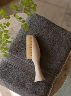 a wooden brush sitting on top of two gray towels next to a green leafy plant