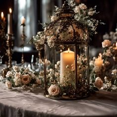 a candle is lit on a table with flowers and candles