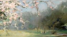 an oil painting of trees and flowers in the foreground, with water on the far side