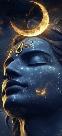 a woman's face with the moon and stars in her hair, as if she is sleeping