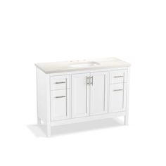 a white bathroom vanity with two drawers and a single sink in the center, against a white background