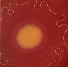 a red and yellow painting with swirls on it