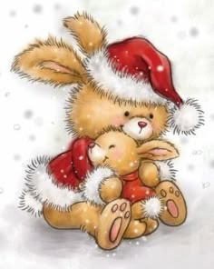 a christmas card with an image of a bunny hugging a teddy bear