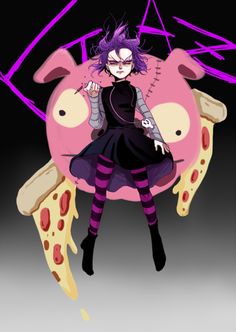 an anime character with purple hair and black dress sitting on top of a piece of pizza