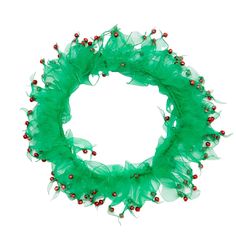 a green wreath with red beads on it