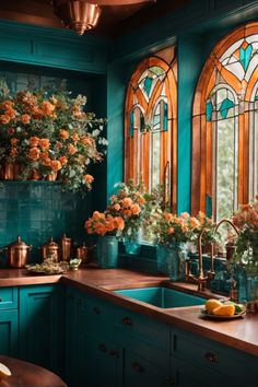 Dive into a vibrant kitchen haven where teal cabinetry melds beautifully with copper accents. The mesmerizing stained glass windows, framed in copper, create an atmosphere of whimsy and elegance. Lush floral arrangements in copper pots and teal vases breathe life into the space. Copper kitchenware and fixtures add a touch of timeless grace, while the subway tile backsplash provides an eclectic charm. This kitchen is a delightful sanctuary, perfect for culinary creativity amid beauty and warmth. Interior Floral Design, Teal Copper Kitchen, Bold Color Kitchen, Stained Glass Cottage, Copper House Decor, Jewel Tone Kitchen Cabinets, Stained Glass Backsplash, Eclectic House Design, Copper And Teal Kitchen