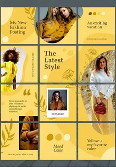 a yellow and white brochure with images of women in different outfits on it