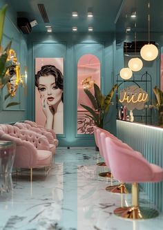 a room filled with lots of pink chairs next to a wall covered in pictures and plants