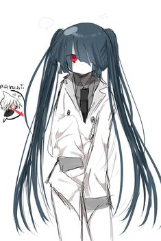 an anime character with long blue hair wearing a white jacket and tie, standing in front of