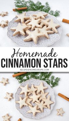 homemade cinnamon stars on a plate with cinnamon sticks