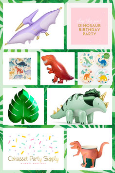 dinosaur party supplies including balloons and decorations