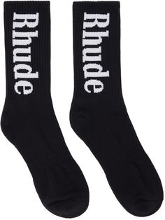 Pair of calf-high knit stretch cotton-blend socks in black. Jacquard logo at rib knit cuffs. Available exclusively at SSENSE. Supplier color: Black/White Black Knee-high Socks For Streetwear, Casual Black Knee-high Socks For Streetwear, Black Socks For Fall Streetwear, Black Fall Streetwear Socks, Black Ribbed Stretch Socks, Black Socks For Streetwear In Winter, Black Stretch Ribbed Socks, Black Socks For Winter Streetwear, Black Stretch Socks For Streetwear