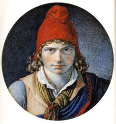 a painting of a man wearing a red hat