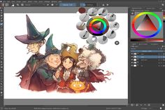 an image of some people dressed up as witches and pumpkins with the color wheel in the background