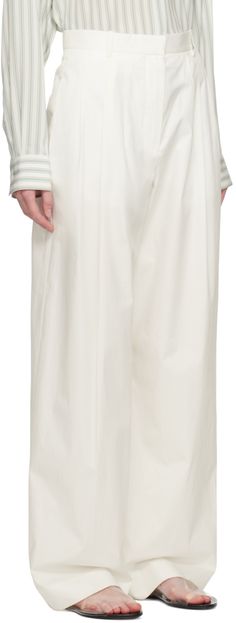 Cotton poplin trousers. · Belt loops · Two-pocket styling · Zip-fly · Pleats at front Supplier color: Off-white White Classic Wide Leg Pants With Pockets, Classic White Wide Leg Pants With Pockets, White Wide Leg Pants With Welt Pockets For Work, Classic White Wide Leg Pants With Welt Pockets, White Wide Leg Pants With Welt Pockets, Spring White Wide Leg Pants With Welt Pockets, White Pants With Pockets For Daywear, White Wide Leg Pants With Pockets For Daywear, Formal White Bottoms With Pockets