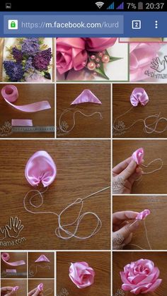 the steps to make a flower out of paper and ribbon are shown in several different ways