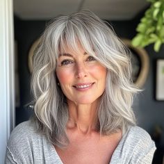 Grey Hair Bob Hairstyles, Layered Gray Hair Over 50, Grey Shag Haircut, Grey Shoulder Length Hair, Shaggy Rocker Hair, Grey Hairstyles Over 50, Grey Hair Long Bob, Shaggy Layered Haircuts Medium, Shoulder Length Gray Hair