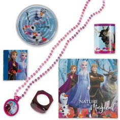 the frozen princess necklace is next to some other toys and accessories for children's birthdays