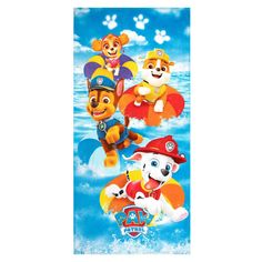 paw patrol beach towel with four puppies on the front and two dogs on the back