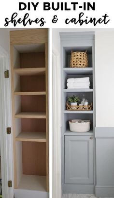 the before and after pictures of built in shelving cabinets with baskets on each shelf