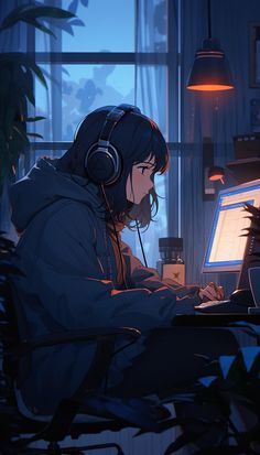 a person wearing headphones sitting in front of a computer