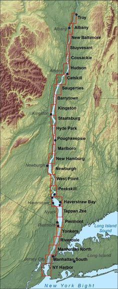 a map showing the route to new york city and its major cities, as well as locations that are marked in red