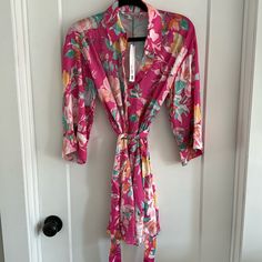 Pink Floral Dress In Size Small, Nwt Spring V-neck Robe For Brunch, Spring Floral Print Fitted Robe, Fitted Floral Print Spring Robe, Fitted Floral Print Robe For Spring, Fitted Spring Daywear Robe, Fitted Robe For Spring Daywear, Fitted Long Sleeve Floral Print Robe, Pink V-neck Spring Robe, Chenille Dress