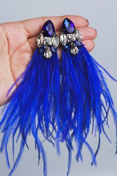 Blue fluffy earrings Ostrich feathers Boho fringe long earrings Valentine's day gift for woman wife Elegant Blue Fringe Earrings, Blue Fringe Tassel Earrings For Party, Blue Fringe Earrings For Party, Elegant Blue Tassel Earrings, Elegant Blue Feather Earrings, Fluffy Earrings, Feather Diy, Diy Fabric Jewellery, Big Necklace