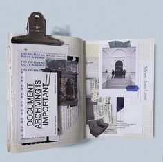 an open book with pictures and text on the pages that are covered in newspaper clippings