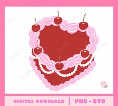 a heart shaped cake with cherries and pearls on the edges is featured in this digital file