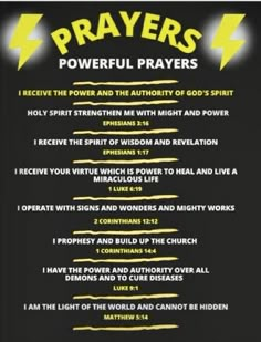 a poster with the words, prayers and symbols in yellow on a black background