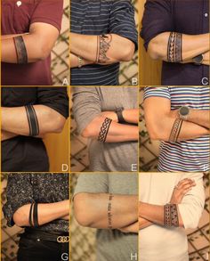 many different types of tattoos on men's arms and wristbands are shown