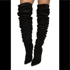 Black Over The Knee Thigh High Pointed Toe Scrunchy Boots, Step Into Fall In Complete Style With These Thigh High Boots They Compliment Any Outfit 4.25” Heel 3 Inch Thigh High Boots, Casual Knee-high Boots With Pointed Toe For Night Out, Casual Black Thigh High Heeled Boots, Casual Fitted Knee-high Boots For Party, Casual Knee-high Boots For Night Out, Fitted Casual Knee-high Boots For Night Out, Casual Fitted Thigh High Heeled Boots, Casual Thigh High Heeled Boots For Party, Casual Over-the-knee Party Boots