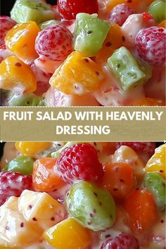 the fruit salad with heavenly dressing is ready to be eaten