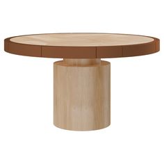 a round wooden table with two circular bases on one end and an oval base on the other