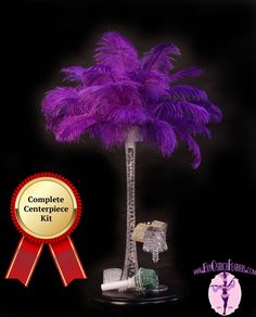 purple ostrich feather tree on stand with award ribbon for complete collectibles kit