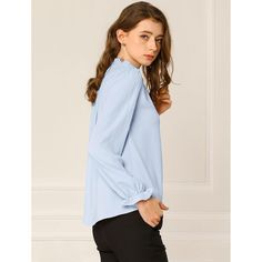 Take this chiffon top for a day-to-night outfit. This solid color blouse is crafted from a lightweight fabric, which is comfortable to wear and brings you a more enjoyable office time. It flatteringly falls over the figure and features long sleeves with ruffled cuffs, and partially layered details from the neckline that forms a ruffle to add a feminine touch. This button-up top features a hidden placket which will make it more sophisticated. Long Sleeve Chiffon Blouse For Daywear, Solid Chiffon Tops For Work, Elegant Solid Color Chiffon Blouse, Chiffon Long Sleeve Tops, Chic Solid Color Chiffon Blouse, Chic Chiffon Top In Solid Color, Chic Solid Color Chiffon Top, Blue Blouse With Ruffled Collar For Daywear, Long Sleeve Chiffon Tops