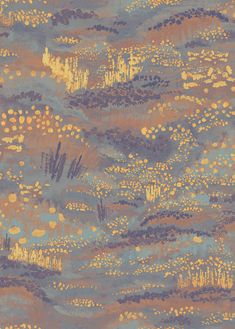 an abstract painting with gold and blue colors on a gray background that is slightly blurry