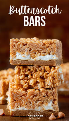 three bars are in a stack on a wooden countertop Rice Crispy Fall Treats, Butterscotch Cereal Treats, Butterscotch Rice Krispie Cookies, Peanut Butter Butterscotch Bars, Butterscotch Rice Krispie Bars, Coconut Butterscotch Bars, Layered Dessert Bars, Rice Crispy Treats Peanut Butter, Special K Bars Recipes