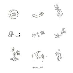 the different types of flowers and stars are drawn in black ink on a white background