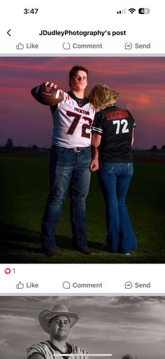 two people standing next to each other in front of a sunset and one person holding a football