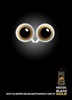 an advertisement for coffee with two eyes on it