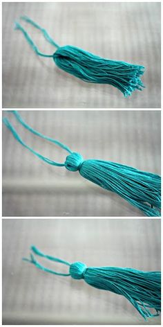 three pictures showing how to make tassels with yarn