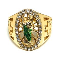 Gold Plated Yellow Green San Judas Ring Saint Jude Ring - Trendolla Jewelry San Judas Tadeo Gold Ring, San Judas Ring, Saint Jude, Bday Gifts, Art Jewelry Design, Gemstone Earrings Gold, Flat Back Earrings, Halo Design, Moissanite Necklace