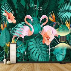 flamingos and tropical leaves wallpaper mural in a living room with wooden flooring