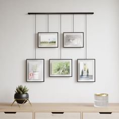 a white wall with pictures hanging on it's sides and a plant in the middle