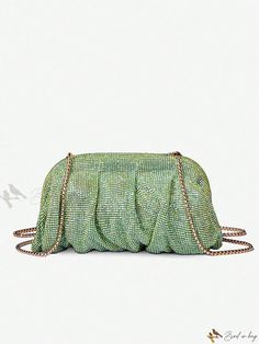 Bird in Bag - Elegant Rhinestone-Adorned Womens Evening Clutch Handbag Glamorous Green Clutch Bag, Glamorous Green Event Bag, Glamorous Green Bags With Rhinestones, Chic Embellished Green Bags, Chic Green Embellished Bags, Elegant Green Bag For Night Out, Ruched Bag, Purple Bag, Crystal Clutch