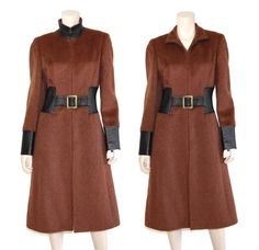 "This vintage alpaca blend coat is simply stunning. It's cut from a luxurious burnt sienna alpaca & wool blend fabric and has black leather trim. The coat also features a flattering tailored fit-n-flare silhouette and mod style elements for a true head turner. Collar can be worn zipped up as a turtleneck, or slightly unzipped for a more casual look. Coat is fully lined, has attached belt closure with brass hardware, and zips in front with a hidden brass zipper. Best fits size xs, small, or m Evening Wool Coat For Fall, Fitted Brown Wool Coat For Fall, Fitted Wool Coat For Winter Evenings, Elegant Fitted Brown Wool Coat, Vintage Fitted Wool Coat For Winter, Luxury Brown Wool Coat For Fall, Fitted Long Wool Coat For Fall, Fitted Long Wool Coat In Vintage Style, Fitted Vintage Long Wool Coat